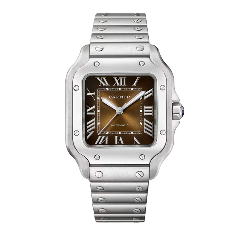 The Cartier Santos de Cartier is a silver wristwatch featuring a rectangular case, brown dial with Roman numerals, and a metal link bracelet—a refined example of classic minimalism and timeless design.