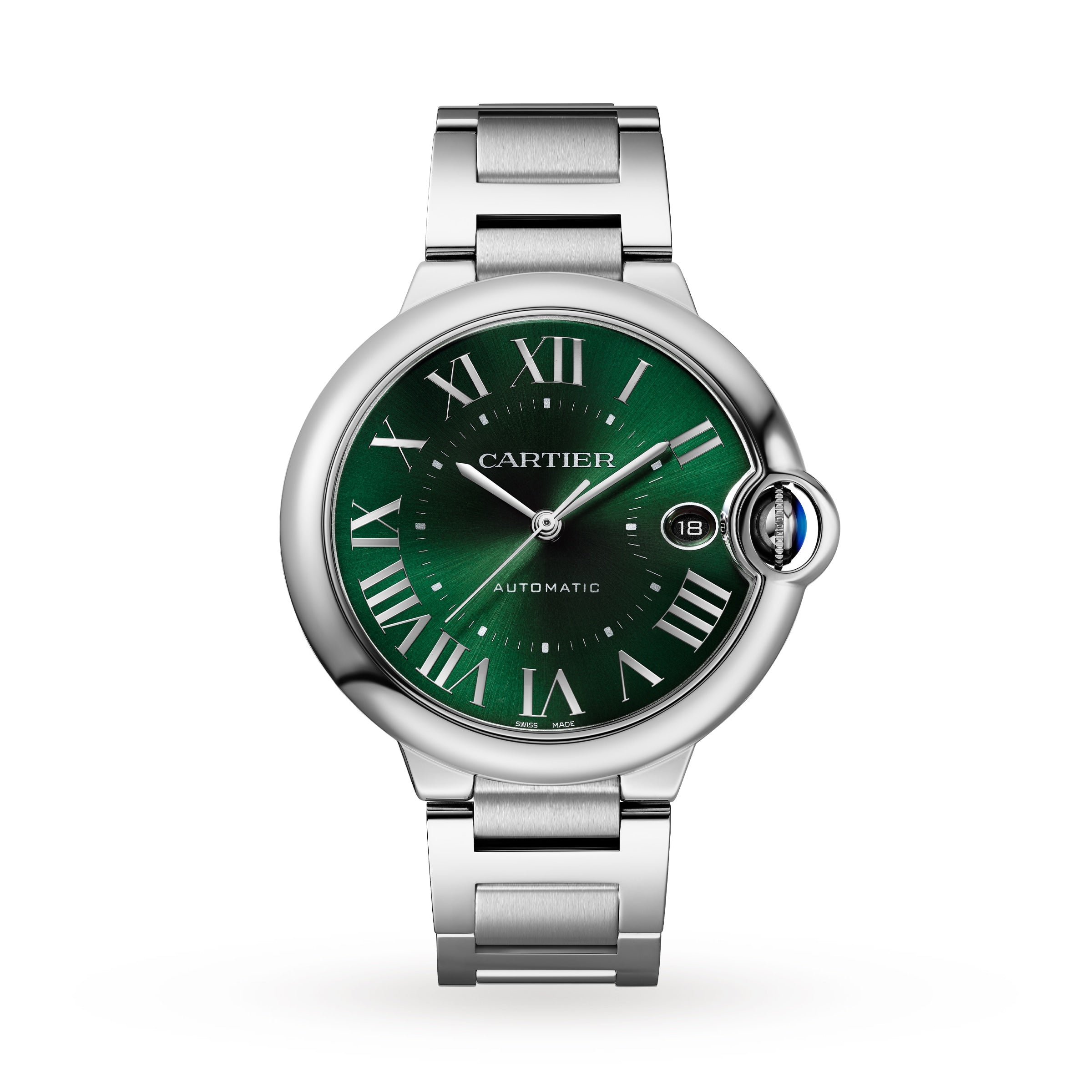 Ballon Bleu de Cartier watch by Cartier with a green dial, Roman numerals, date display, and metal bracelet shown on a white background.