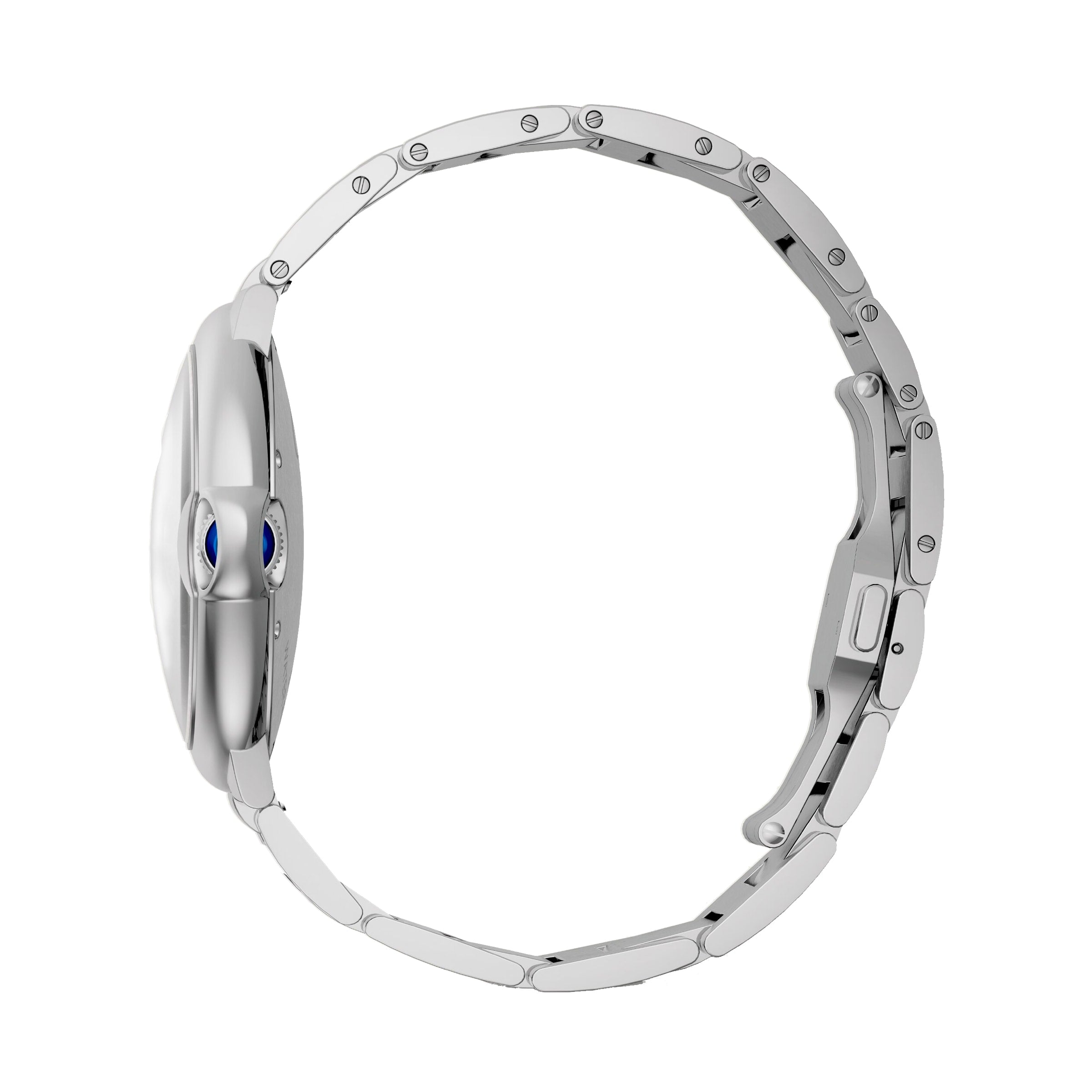 Side view of the Ballon Bleu de Cartier by Cartier, a silver wristwatch featuring a metal band and a blue accent on the crown.