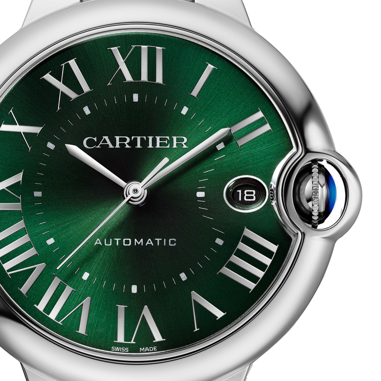 Close-up of the Ballon Bleu de Cartier watch face by Cartier, featuring Roman numerals and a date window at the 3 o’clock position.
