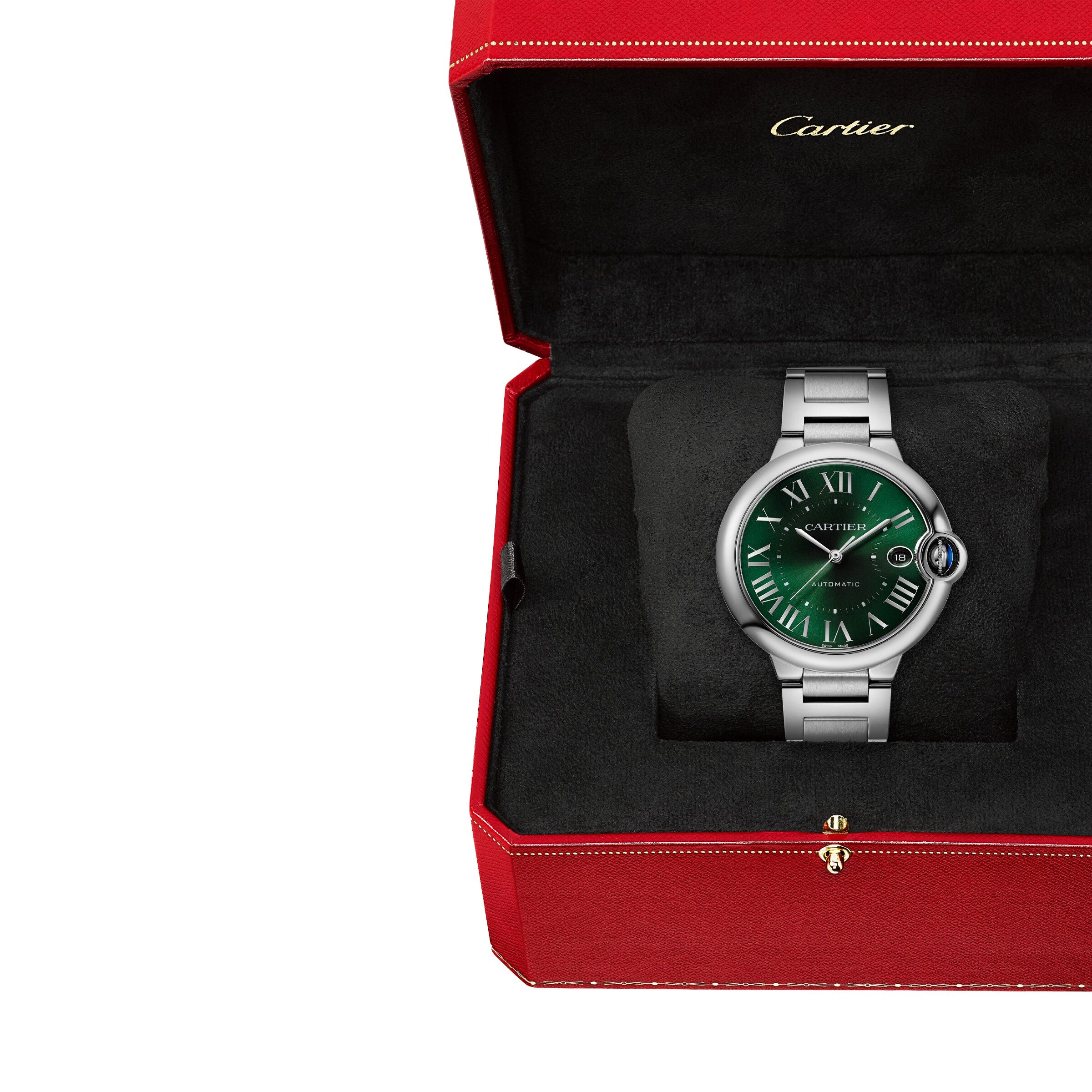 A Ballon Bleu de Cartier silver watch with a green face, presented in a red Cartier box with a black interior.