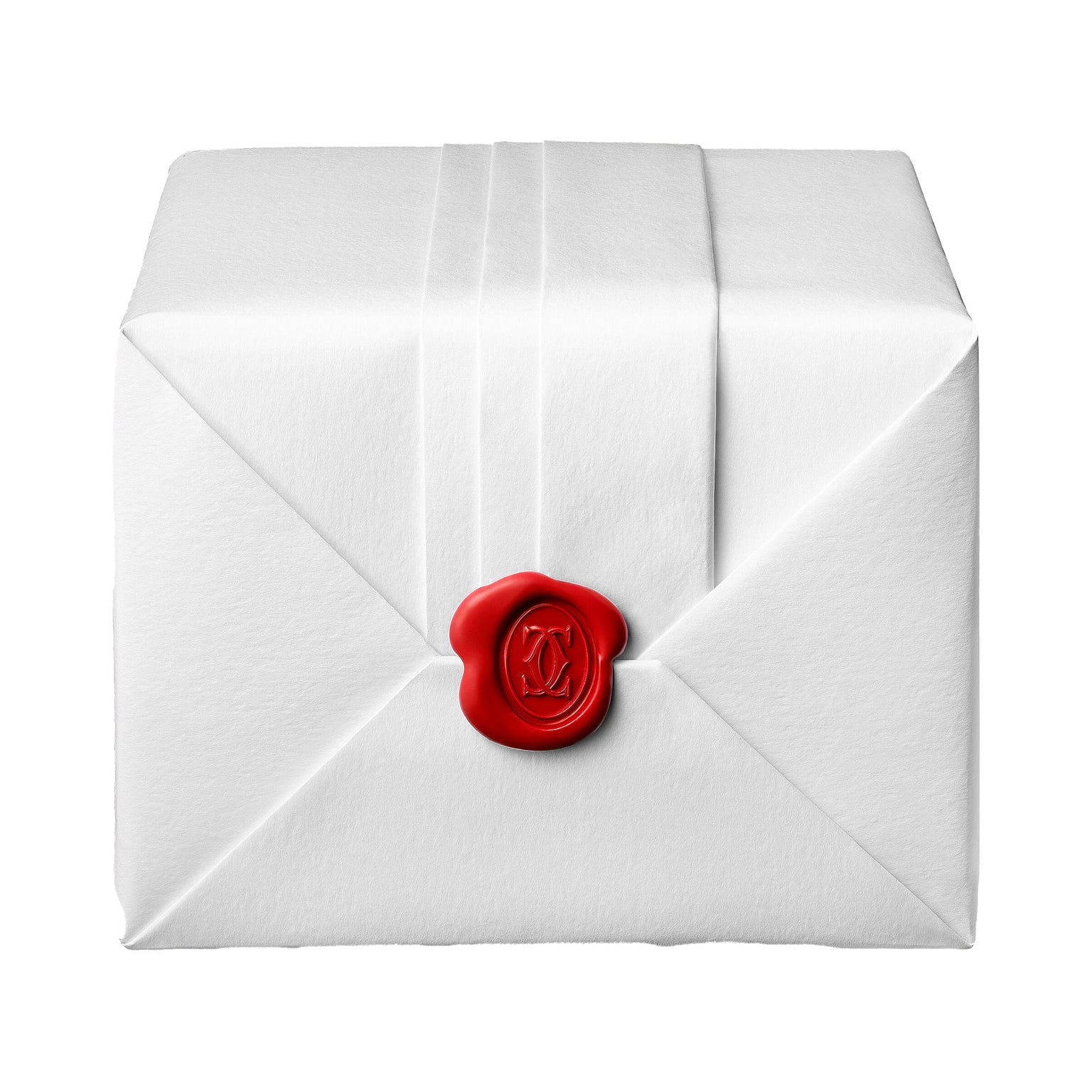 A Ballon Bleu de Cartier envelope by Cartier, sealed with a red wax seal embossed with a monogram.