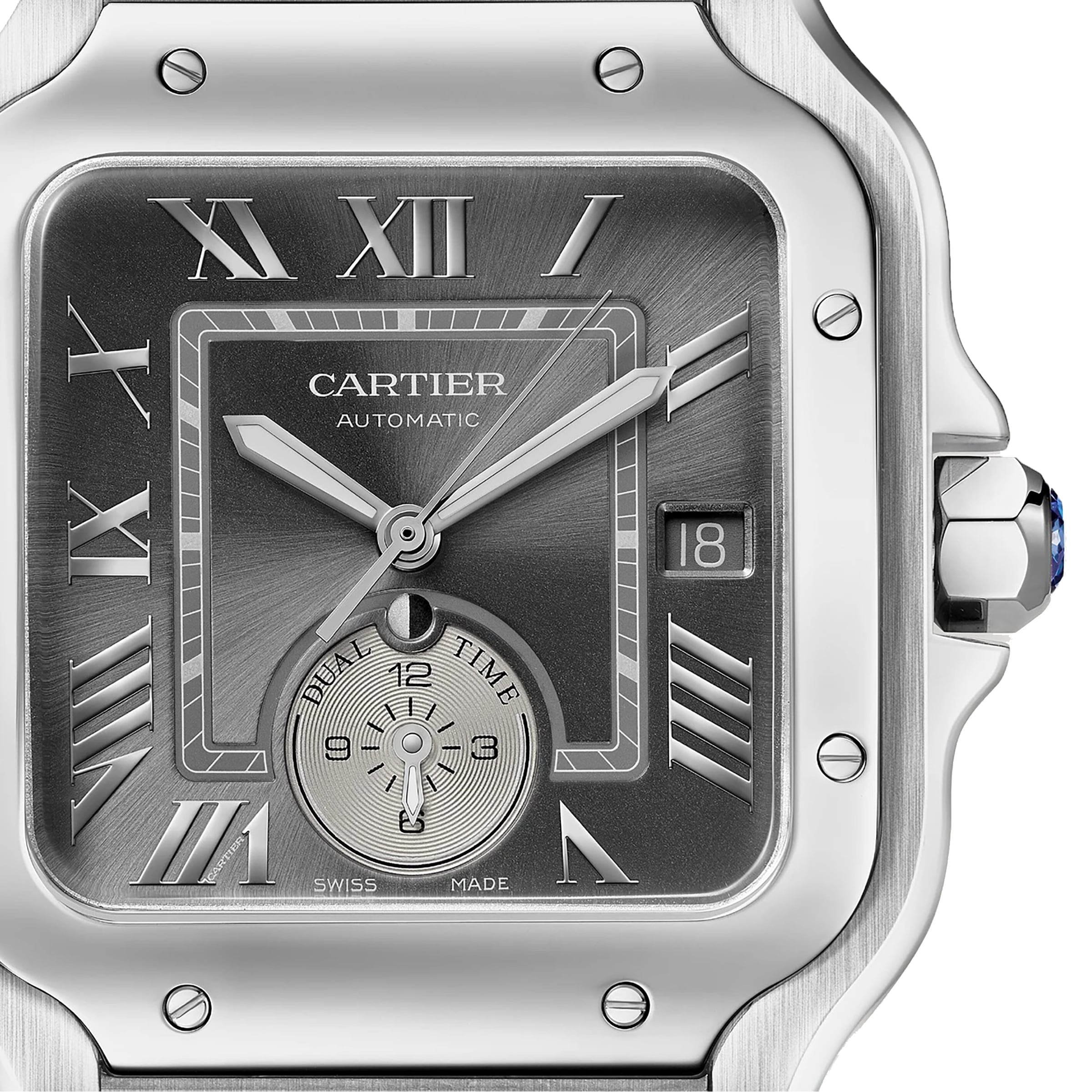 Close-up of the Santos de Cartier automatic wristwatch featuring a square face, Roman numerals, date window, and a Real Time subdial at 6 o’clock—a stunning example of timeless elegance from Cartier.