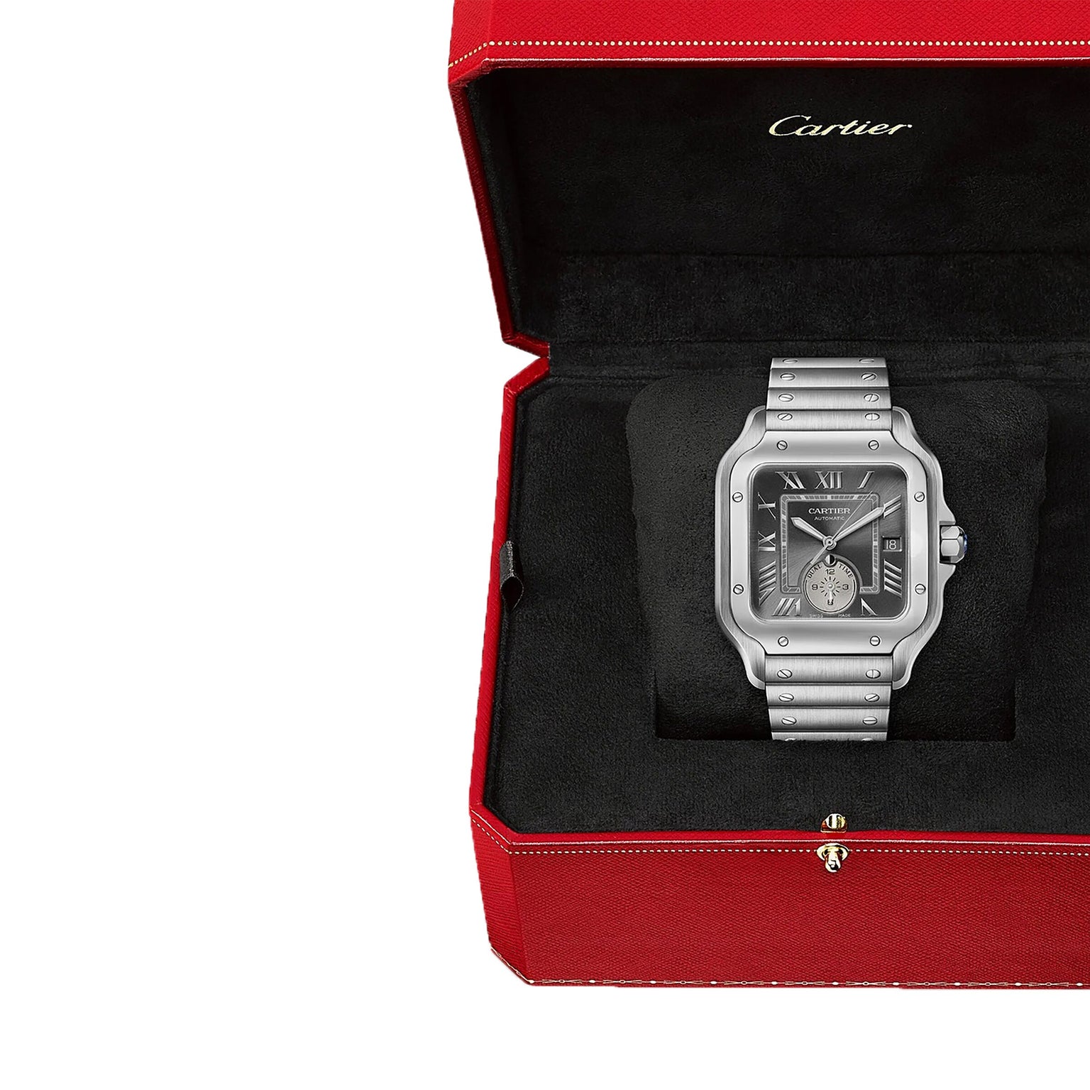 The Santos de Cartier wristwatch by Cartier, featuring a black dial and silver finish, is displayed in an open red Cartier box with black interior lining—a true symbol of timeless elegance.