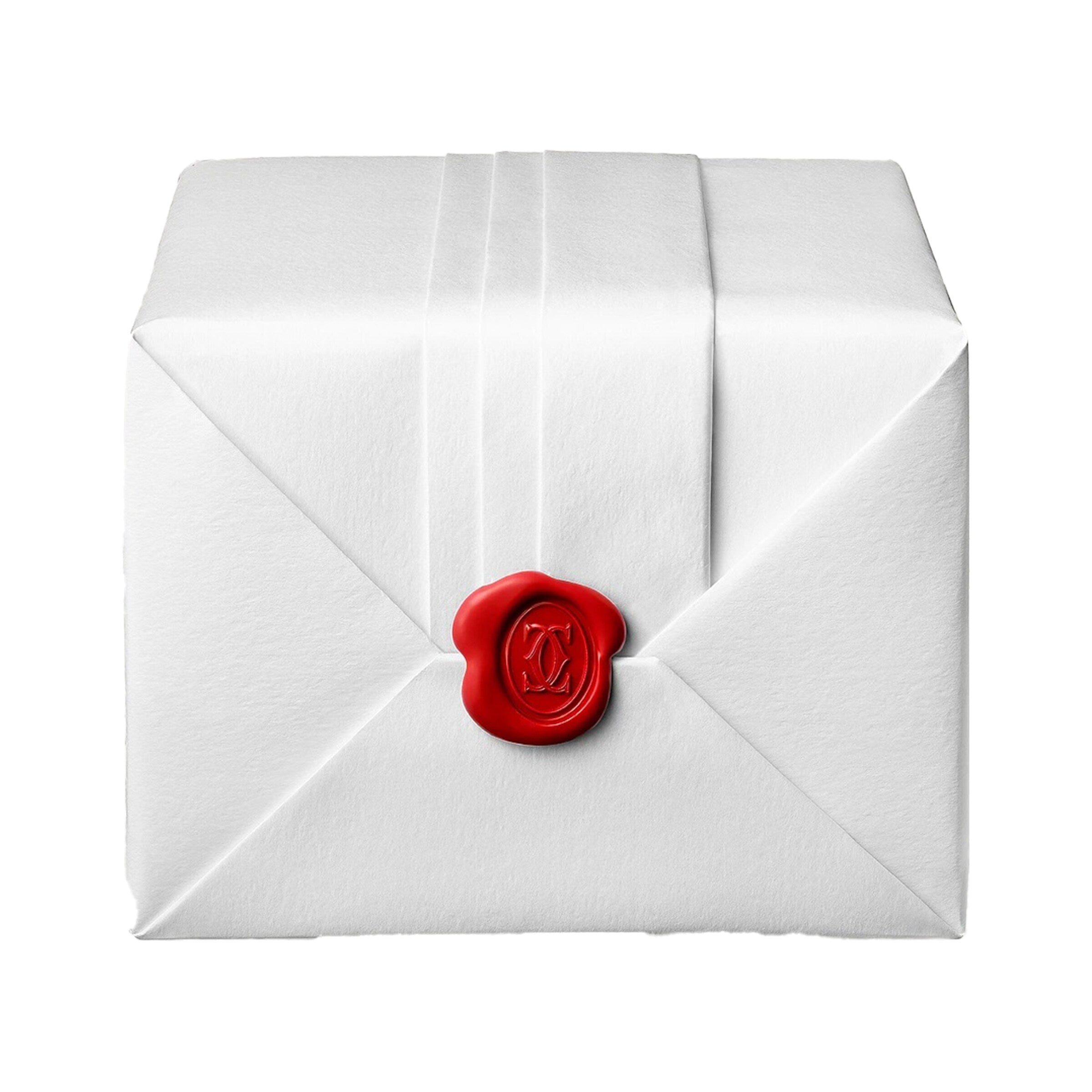 A white folded envelope is sealed with a red wax seal featuring an embossed emblem, echoing the elegance and sophistication of the Santos de Cartier by Cartier.