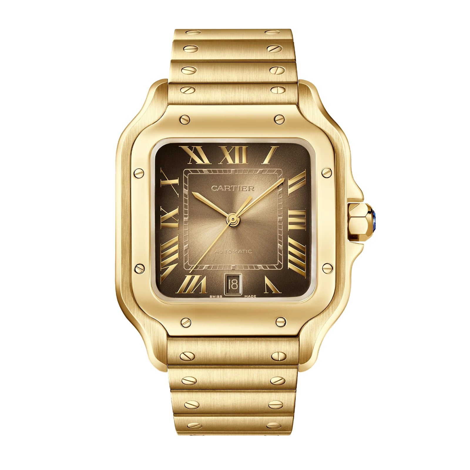 The Santos de Cartier by Cartier is an 18K yellow gold watch featuring a square face with Roman numerals, date display, and a metal link bracelet with the SmartLink adjustment system.