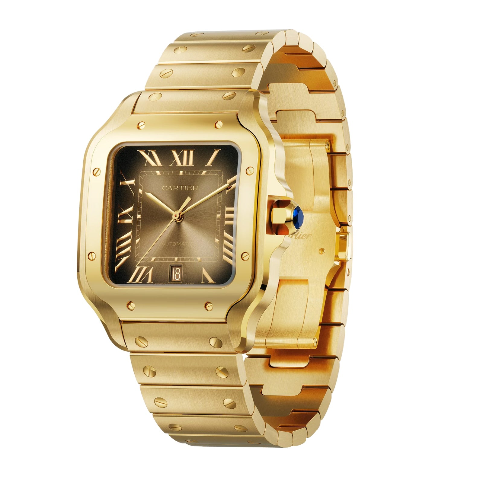 The Cartier Santos de Cartier watch in 18K yellow gold features a square face, Roman numeral hour markers, date display, and a metal link bracelet with the SmartLink adjustment system.