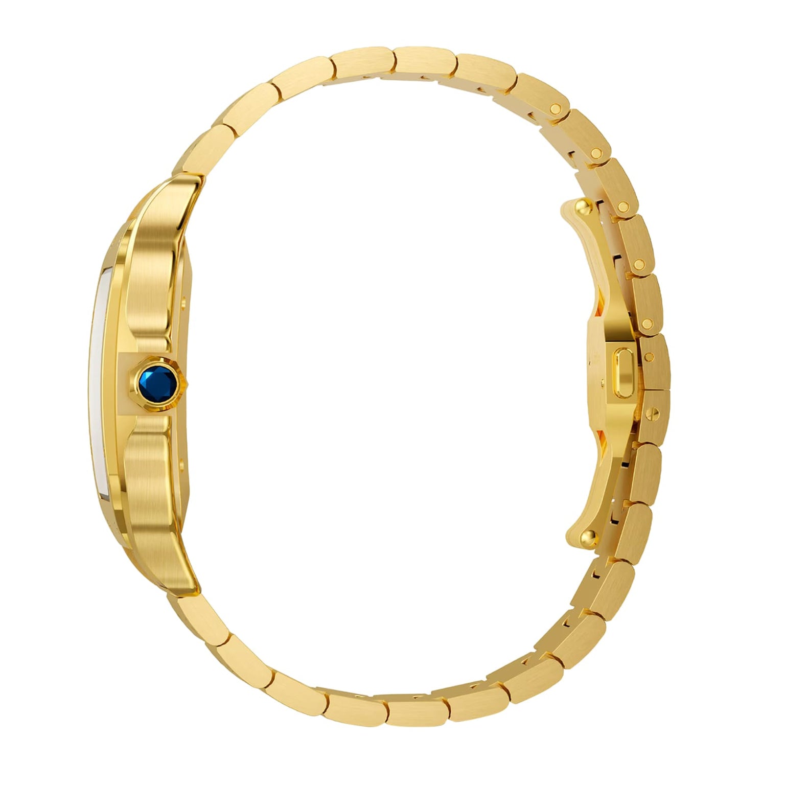 A side view of the Santos de Cartier watch by Cartier in 18K yellow gold, featuring a metal link band, blue gemstone crown, and SmartLink adjustment system.