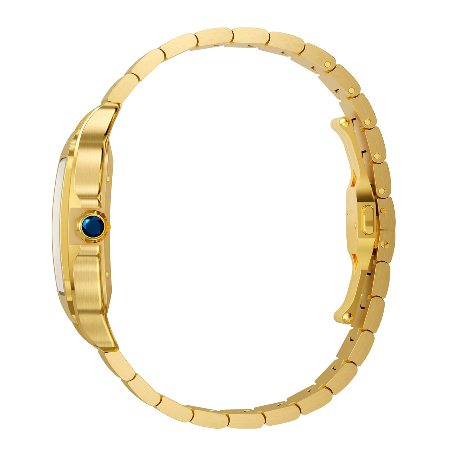 A side view of the Santos de Cartier watch by Cartier in 18K yellow gold, featuring a metal link band, blue gemstone crown, and SmartLink adjustment system.