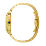 A side view of the Santos de Cartier watch by Cartier in 18K yellow gold, featuring a metal link band, blue gemstone crown, and SmartLink adjustment system.