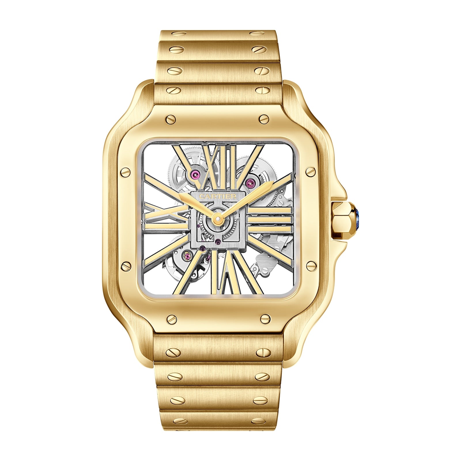 Cartier Santos de Cartier Skeleton: gold wristwatch featuring a square case, visible skeletonized inner mechanics, and a metal link bracelet.