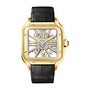 The Cartier Santos de Cartier Skeleton is a gold square watch with visible inner workings and a black leather strap, shown on a white background.