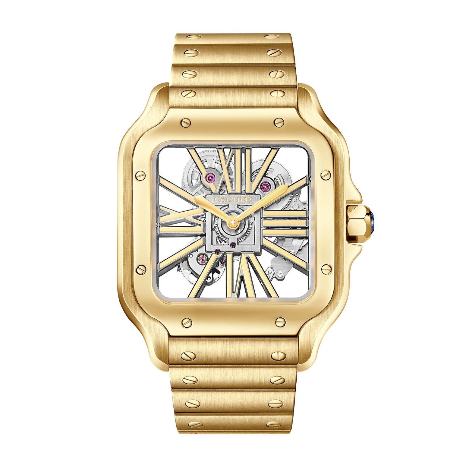The Santos de Cartier Skeleton by Cartier is a gold square wristwatch with a skeleton dial, exposed gears, Roman numerals, and a metal bracelet.