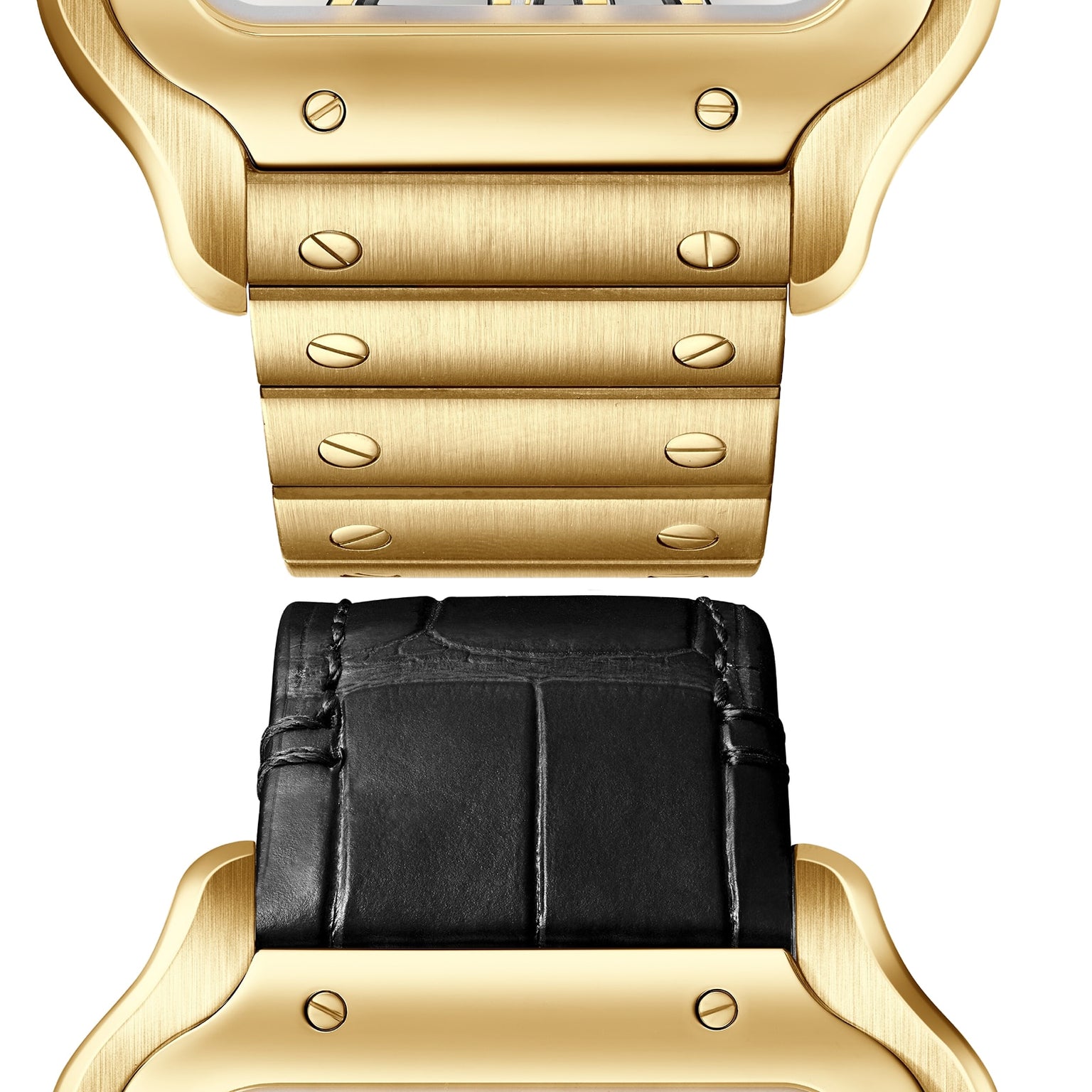 Close-up of a Cartier Santos de Cartier Skeleton watch, showing its gold case with a metal bracelet above and a black leather strap below, both partially visible.
