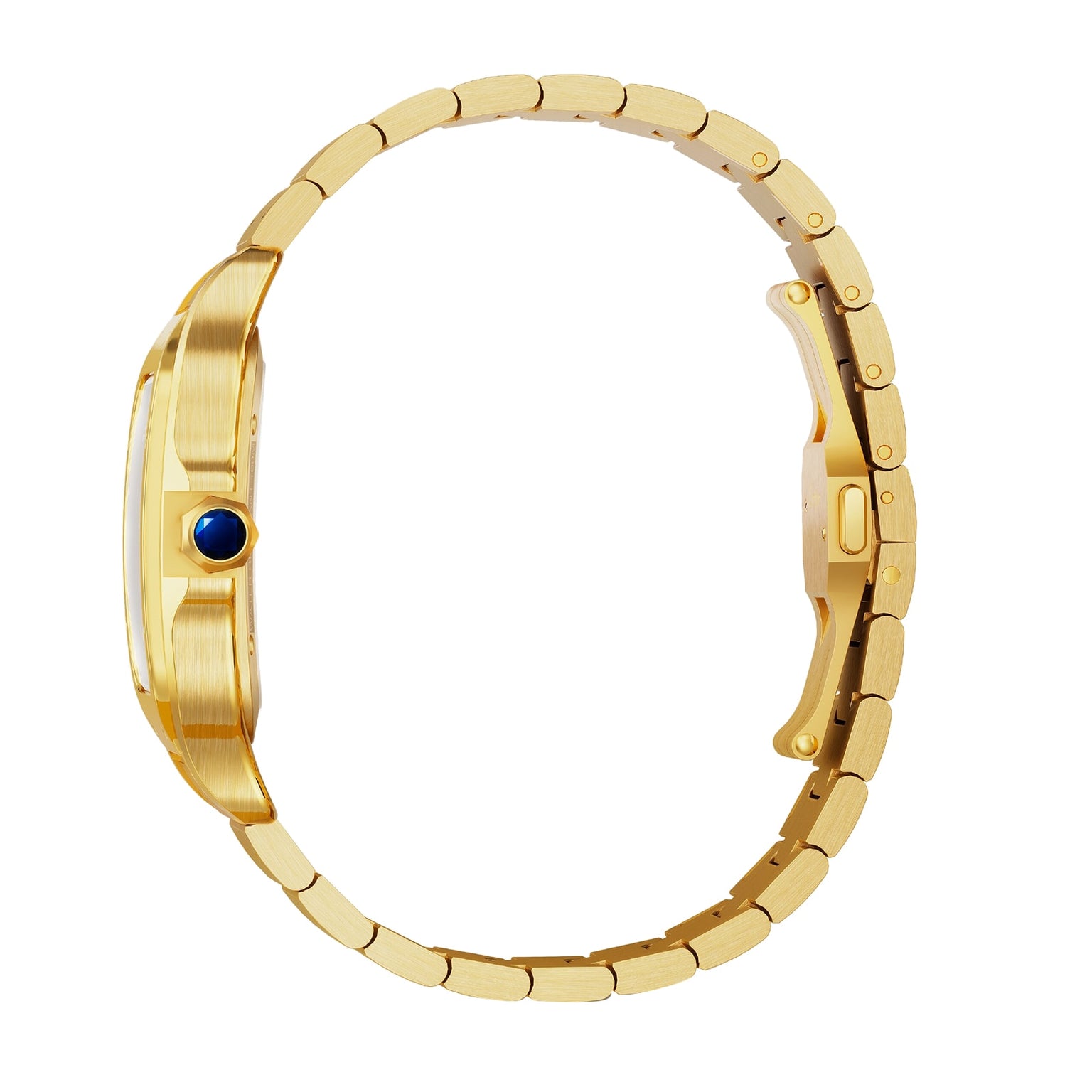 Side view of the Santos de Cartier Skeleton gold wristwatch by Cartier, featuring a blue crown and metal link bracelet, displayed on a white background.