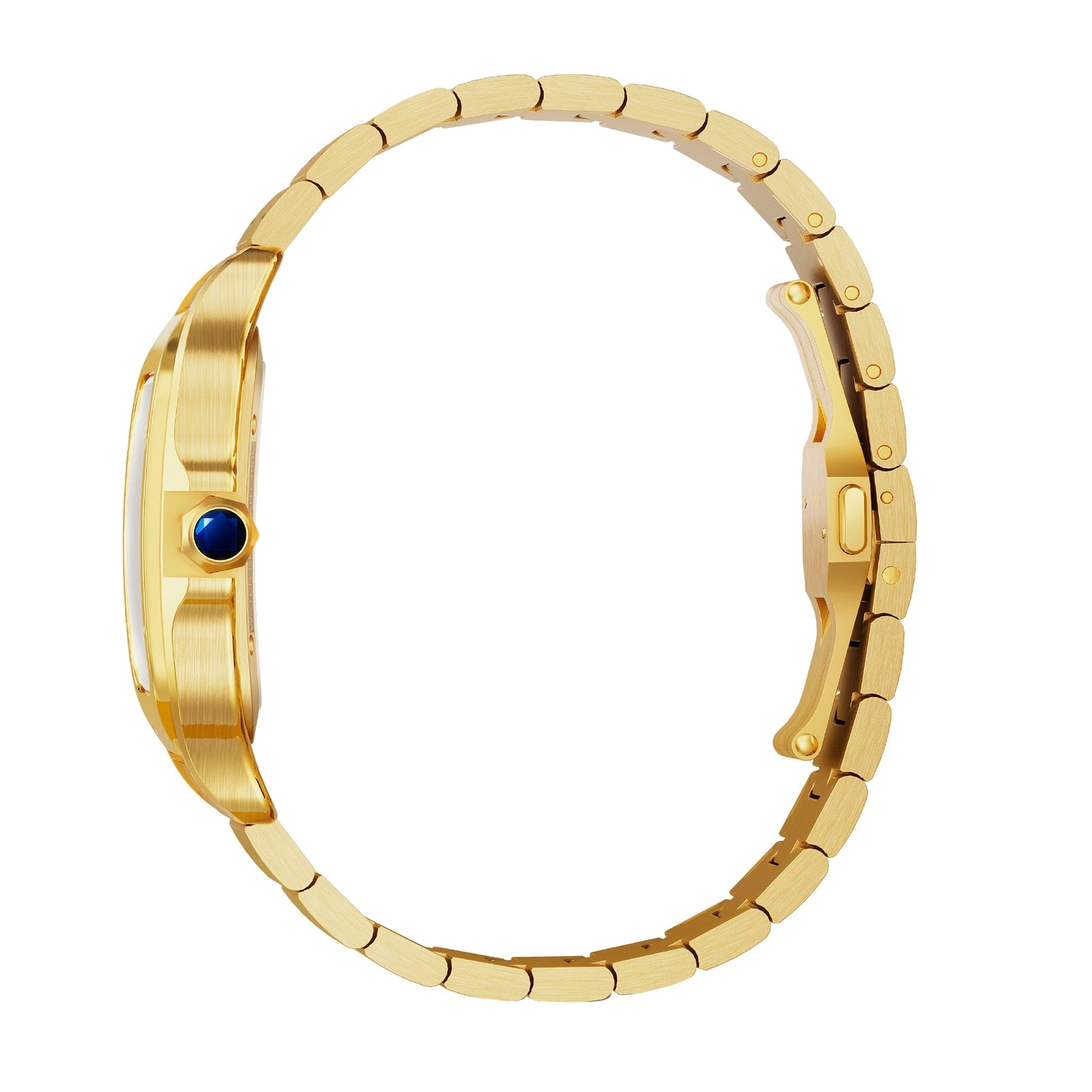 Side view of the Santos de Cartier Skeleton gold wristwatch by Cartier, featuring a blue crown and metal link bracelet, displayed on a white background.