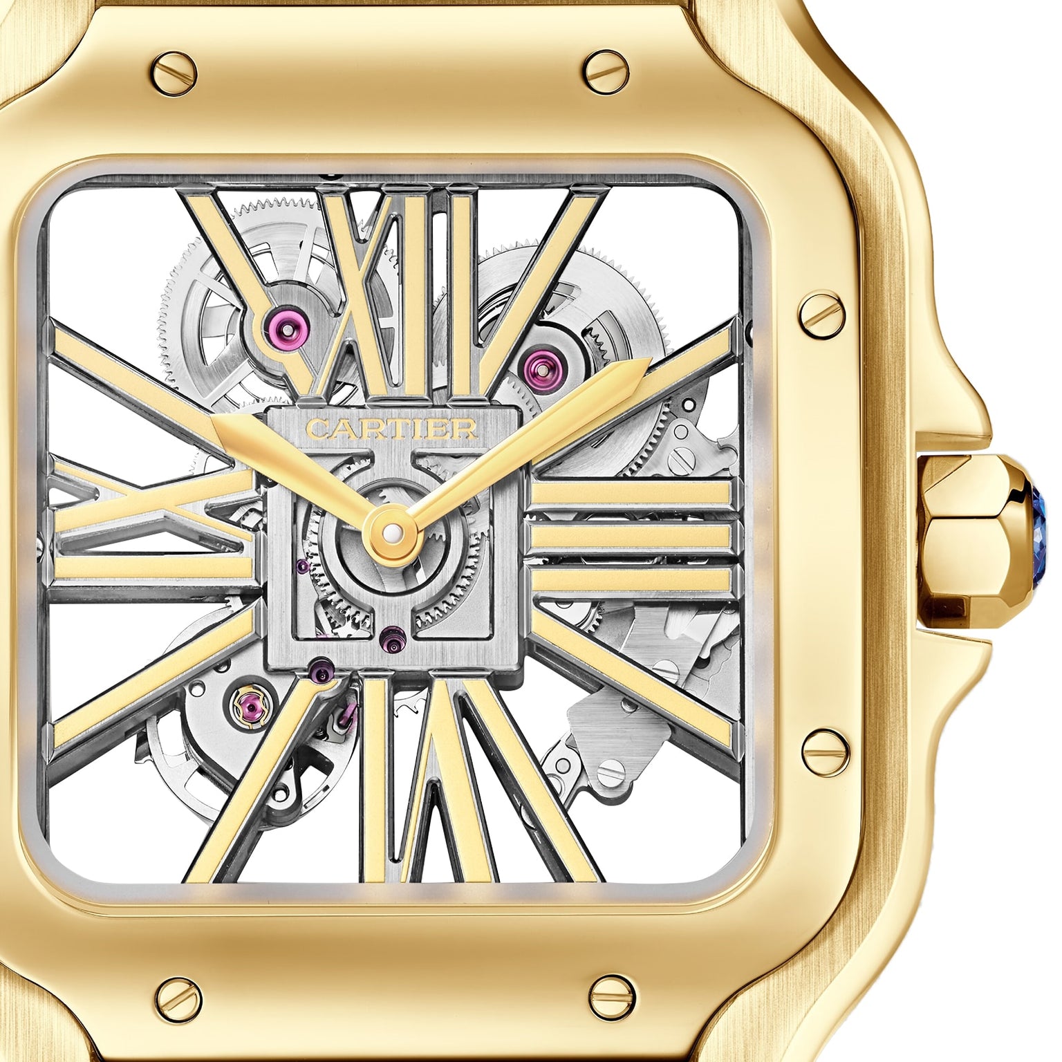 Close-up of a Santos de Cartier Skeleton watch by Cartier, featuring exposed gears and Roman numeral details in gold.