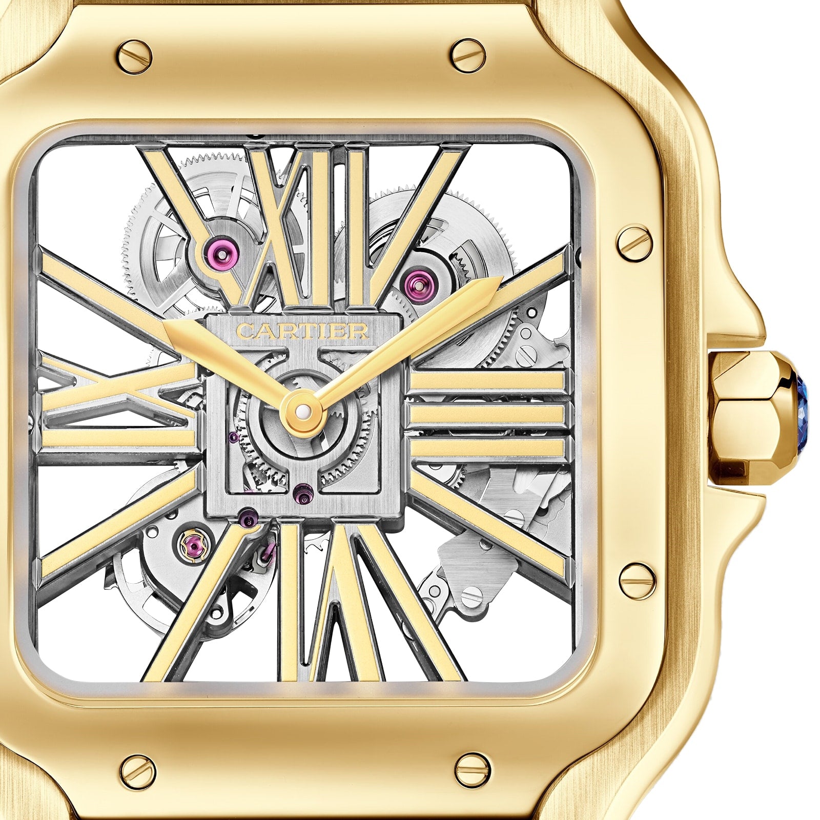Close-up of a Santos de Cartier Skeleton watch by Cartier, featuring exposed gears and Roman numeral details in gold.