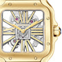 Close-up of a Santos de Cartier Skeleton watch by Cartier, featuring exposed gears and Roman numeral details in gold.