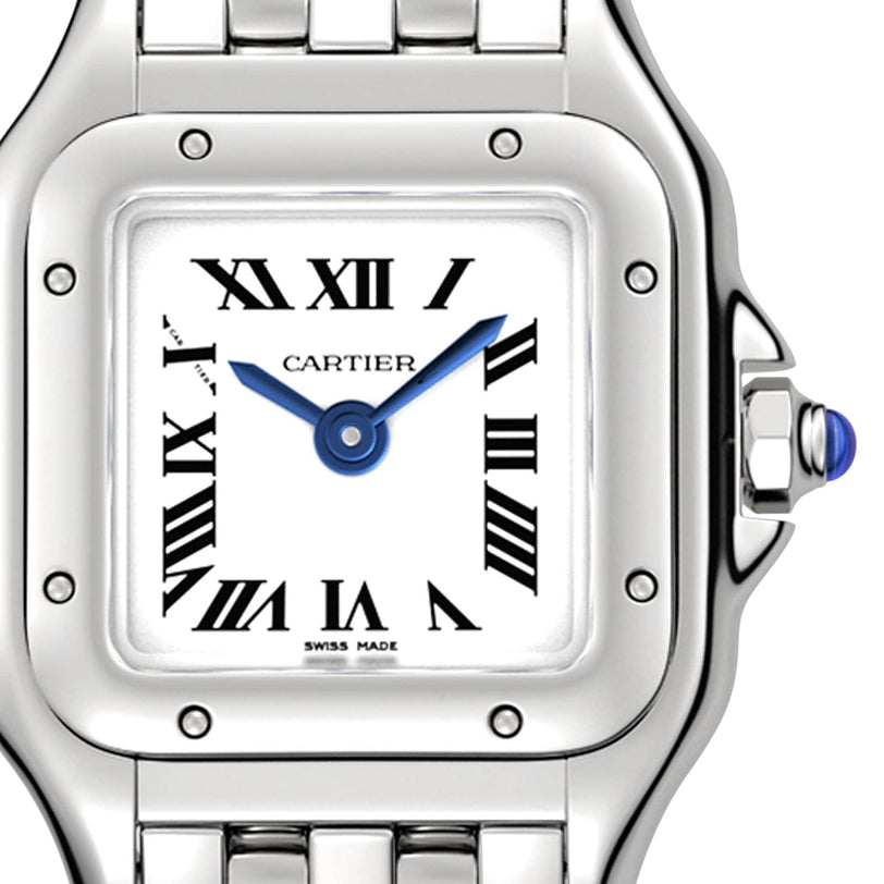 Close-up of the Panthère de Cartier watch by Cartier, featuring a stainless steel case, white square dial, blue hands, Roman numerals, and a beaded crown with a blue gemstone. Equipped with precise quartz movement.