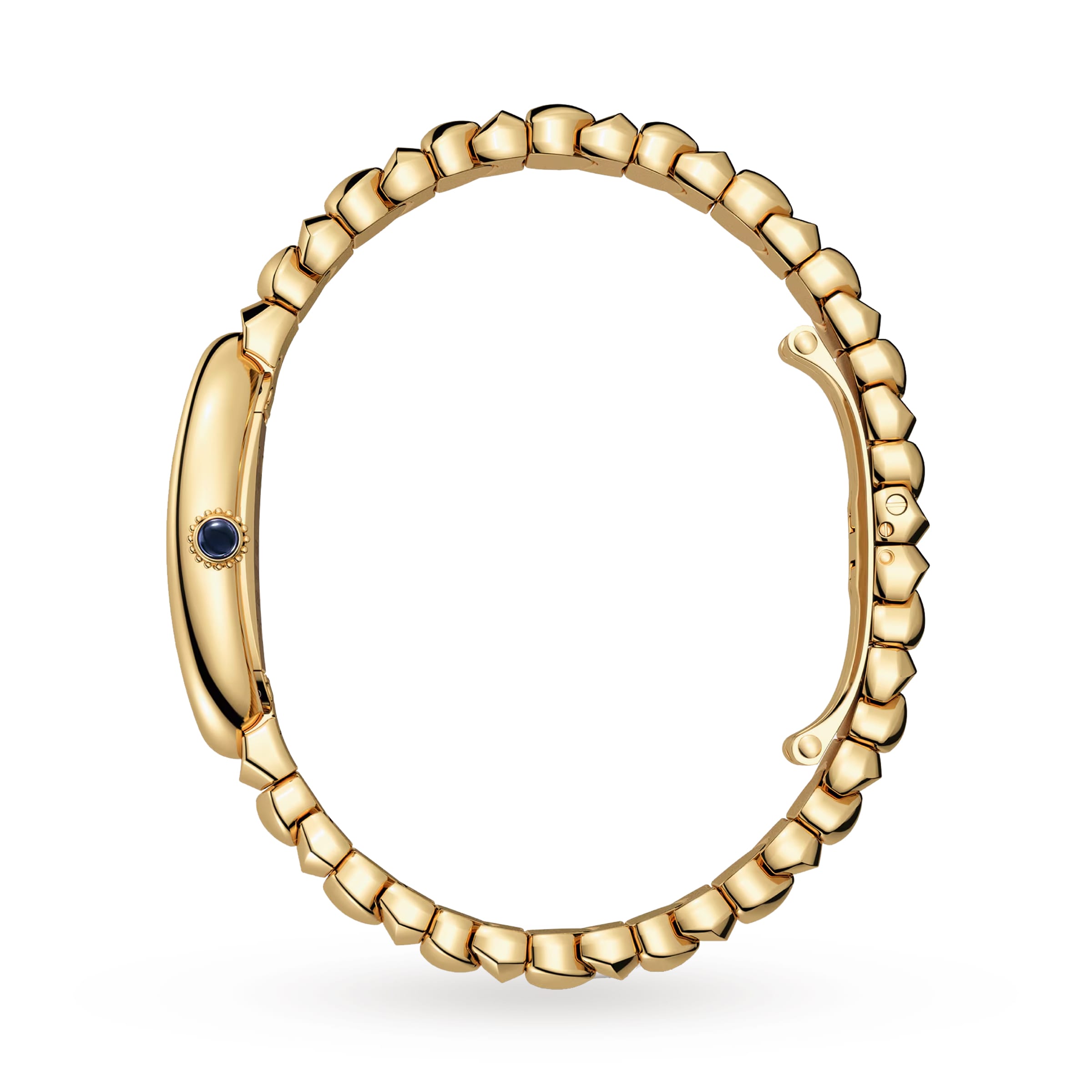 Side view of the Cartier Baignoire watch in 18K yellow gold, showcasing its rounded rectangular case, linked bracelet, blue cabochon crown, and water-resistant design on a white background.