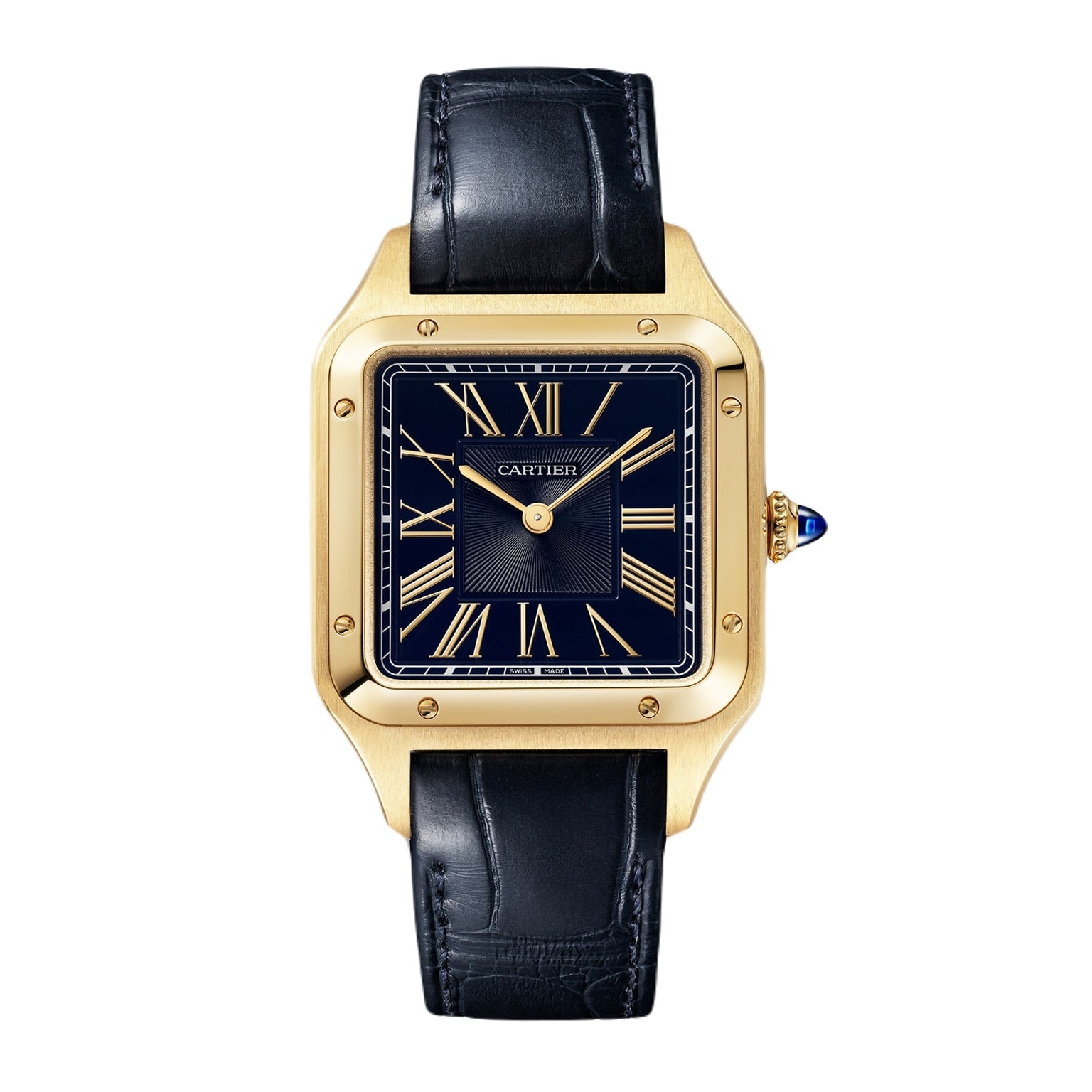 The Cartier Santos-Dumont watch features a square yellow gold case, black Roman numeral dial, and a blue alligator-skin strap.