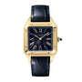 The Cartier Santos-Dumont watch features a square yellow gold case, black Roman numeral dial, and a blue alligator-skin strap.