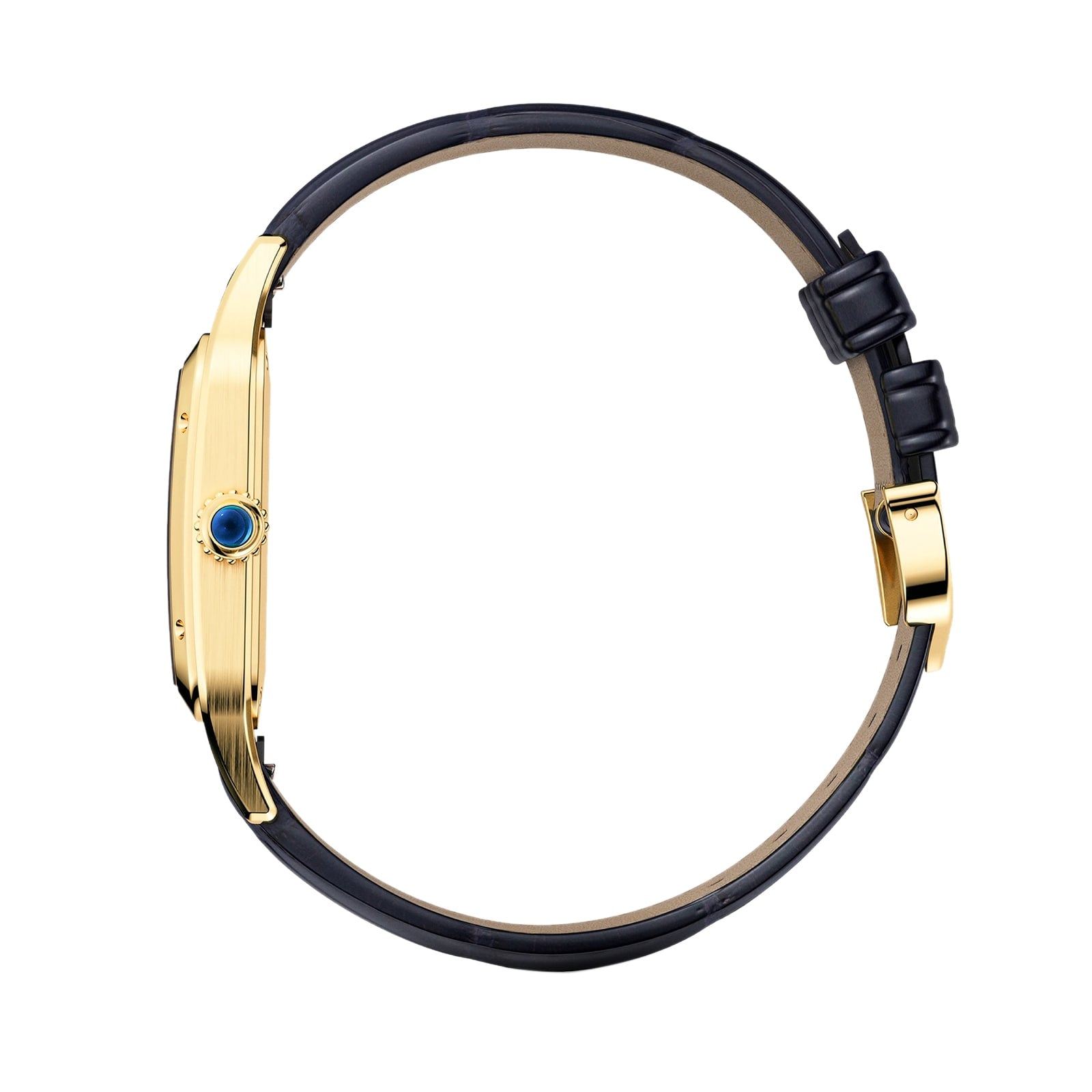 Side view of a Cartier Santos-Dumont watch in yellow gold, featuring a blue crown and a black leather strap, displayed on a white background.