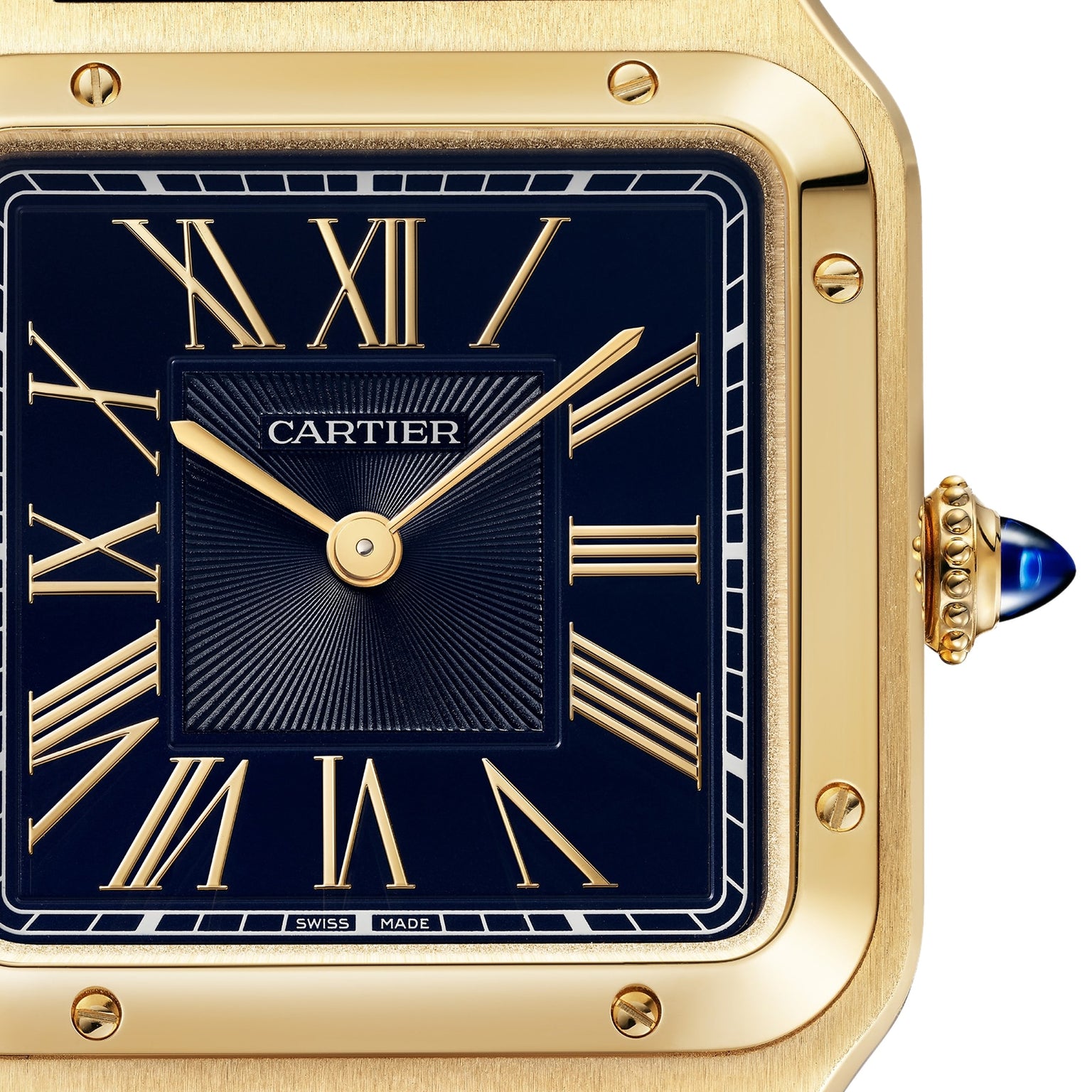 Close-up of the Cartier Santos-Dumont: a yellow gold watch featuring a blue and gold dial with Roman numerals, sapphire cabochon crown, and an eye-catching blue alligator-skin strap.