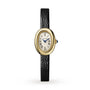 The Baignoire by Cartier is an 18K yellow gold oval wristwatch with a white dial, black Roman numerals, blue hands, quartz movement, and a black leather strap, shown on a white background.