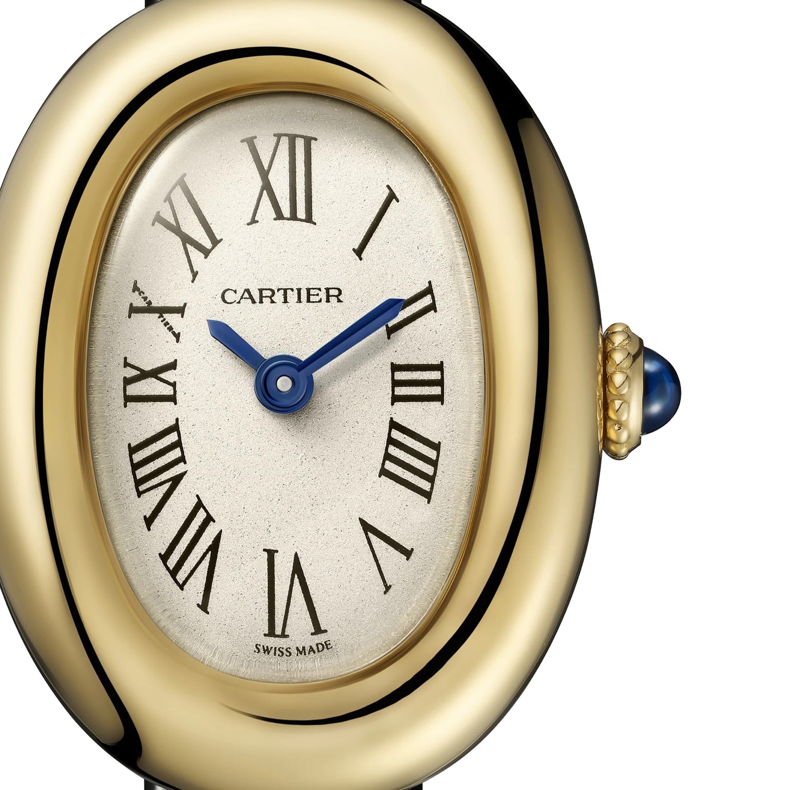 Close-up of the Cartier Baignoire wristwatch in 18K yellow gold, featuring blue hands, Roman numeral markers, a blue cabochon crown, and precise quartz movement on a white background.