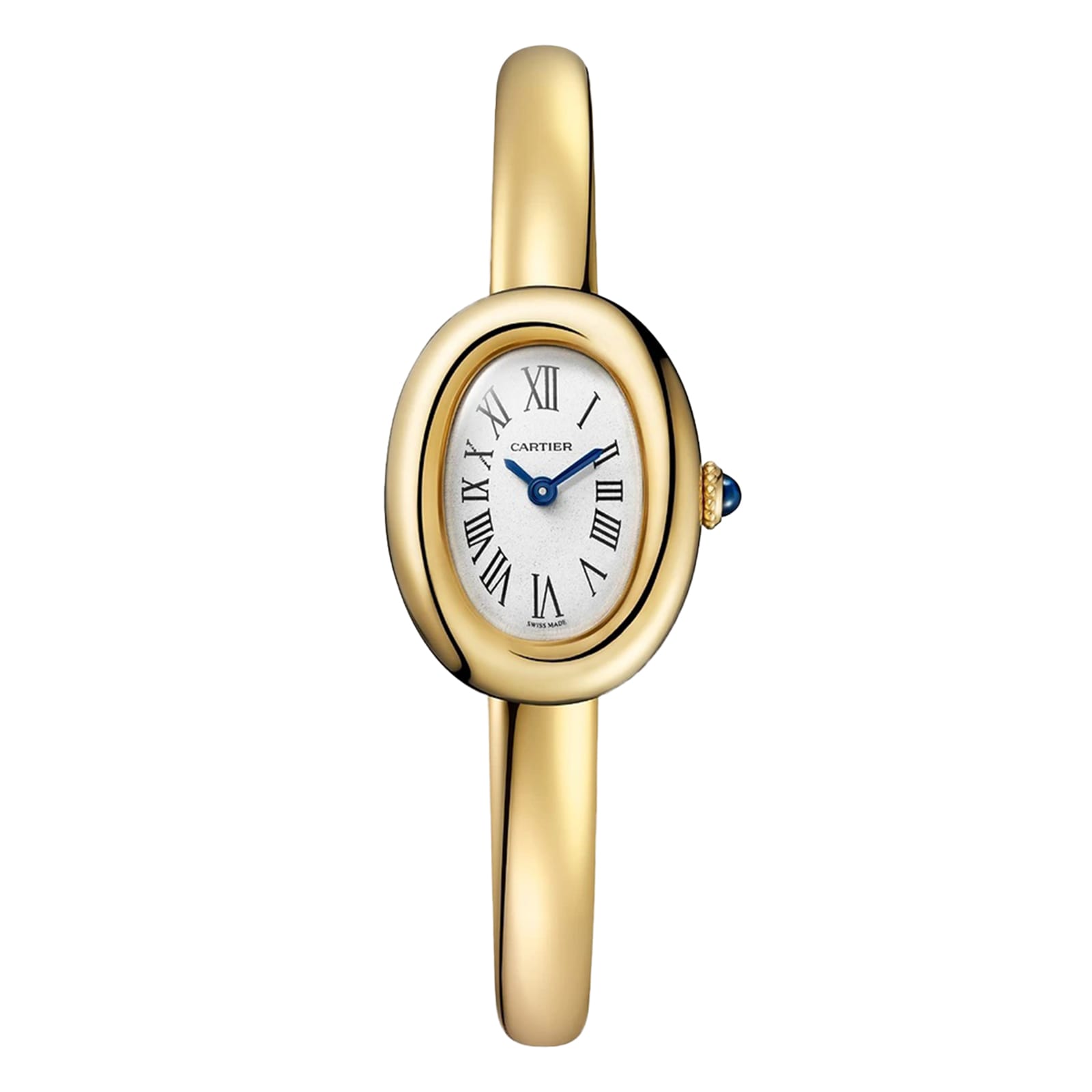 Cartier Baignoire (Size 16) women’s watch featuring an oval face, Roman numerals, gold finish, and a blue gemstone-set crown.