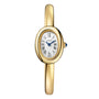 Cartier Baignoire (Size 16) women’s watch featuring an oval face, Roman numerals, gold finish, and a blue gemstone-set crown.