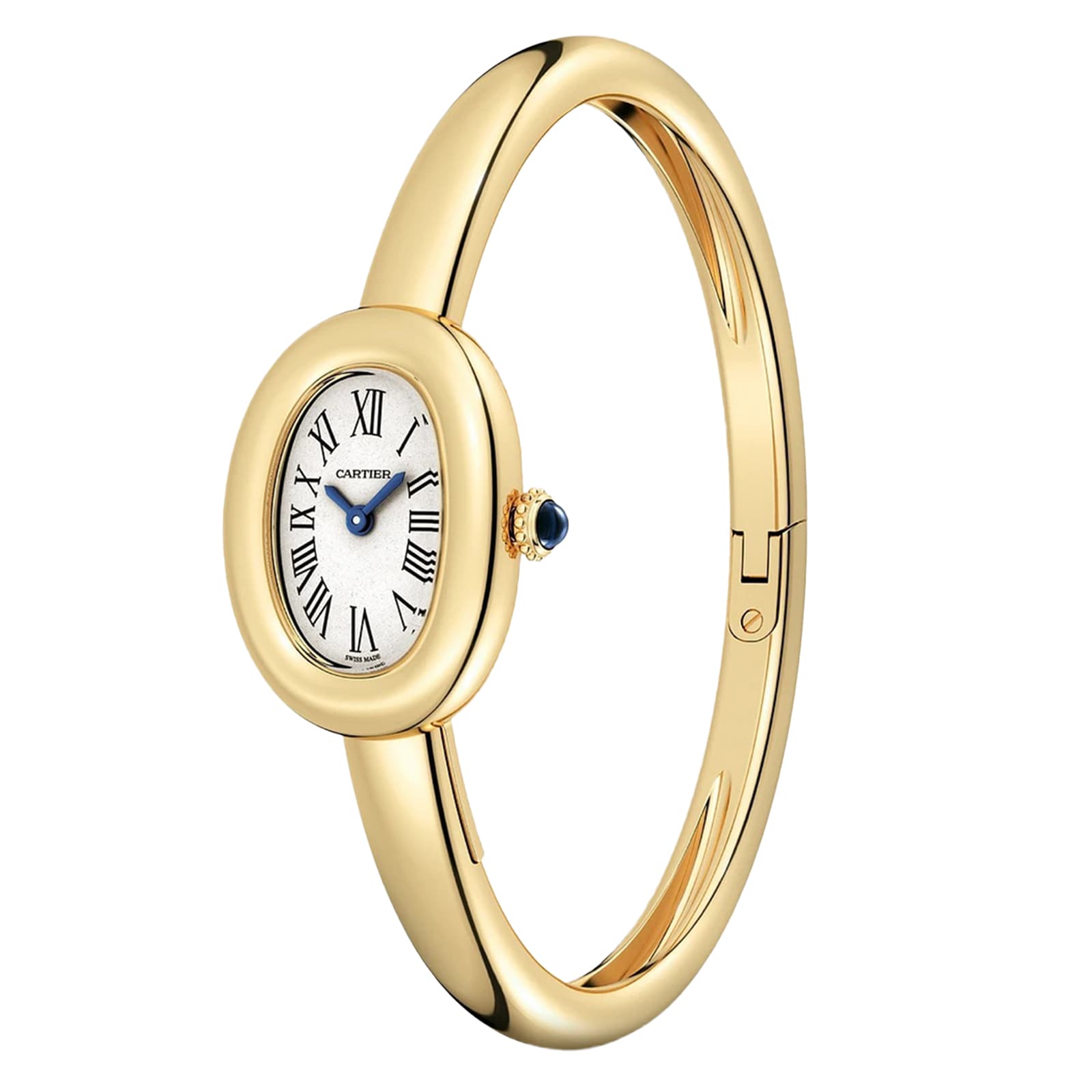 Cartier Baignoire (Size 16) gold oval watch with Roman numerals on a slim bangle-style bracelet, shown at an angle.