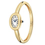 Cartier Baignoire (Size 16) gold oval watch with Roman numerals on a slim bangle-style bracelet, shown at an angle.