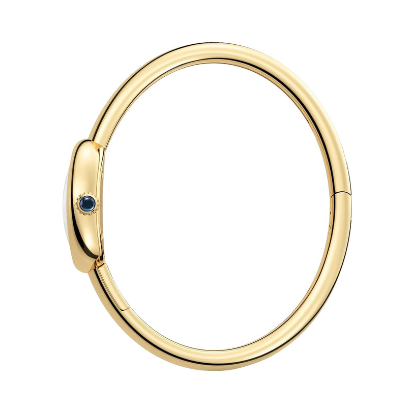 The Cartier Baignoire (Size 16) gold bangle bracelet features a small blue gemstone accent on one side, displayed against a white background.