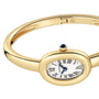 Cartier Baignoire (Size 16) bangle watch featuring an oval face, Roman numerals, and a blue gemstone crown.