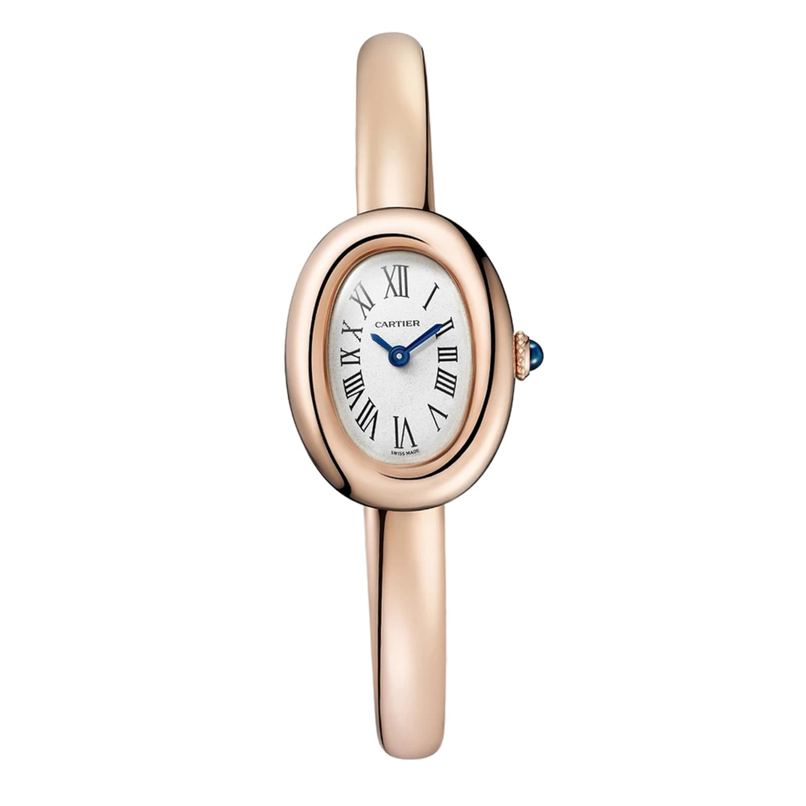 The Cartier Baignoire (Size 15) watch features a rose gold case, white dial with black Roman numerals, blue hands, smooth bangle bracelet, and a signature sapphire cabochon on the crown.