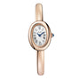 The Cartier Baignoire (Size 15) watch features a rose gold case, white dial with black Roman numerals, blue hands, smooth bangle bracelet, and a signature sapphire cabochon on the crown.