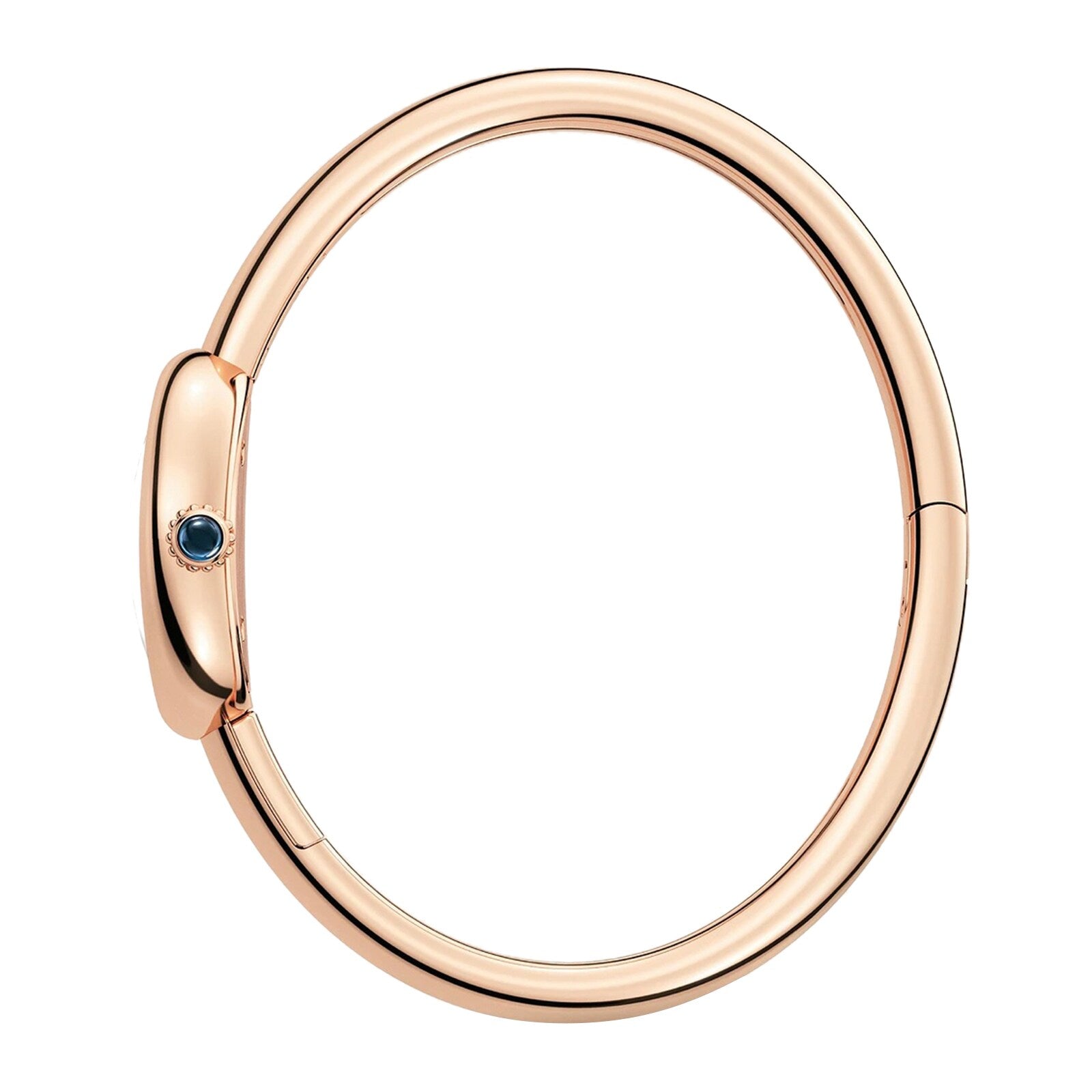 Cartier Baignoire (Size 16) rose gold bangle bracelet featuring a small dark blue gemstone accent on the clasp.
