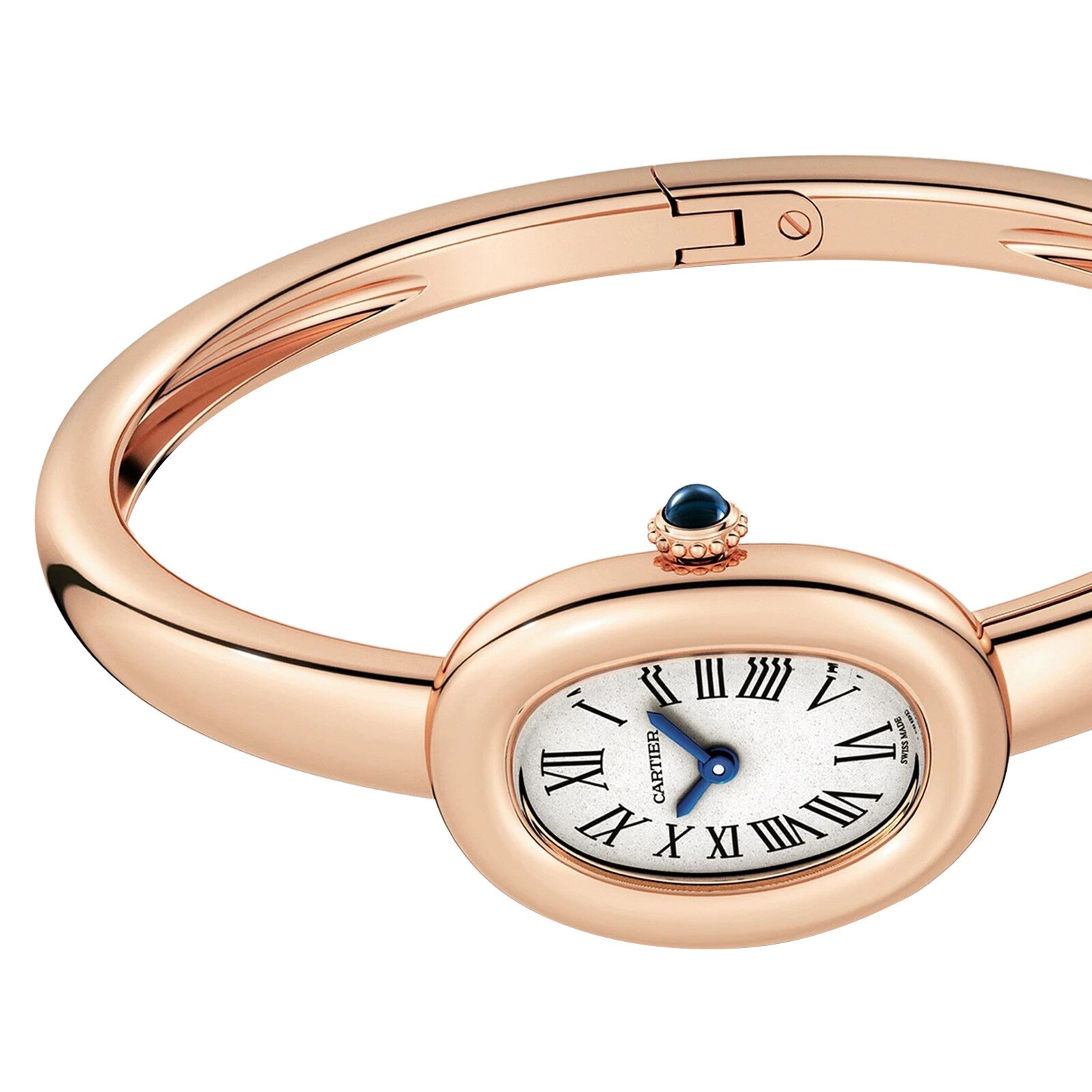 The Cartier Baignoire (Size 16) is a rose gold bangle watch featuring an oval face, Roman numerals, and a blue cabochon crown.