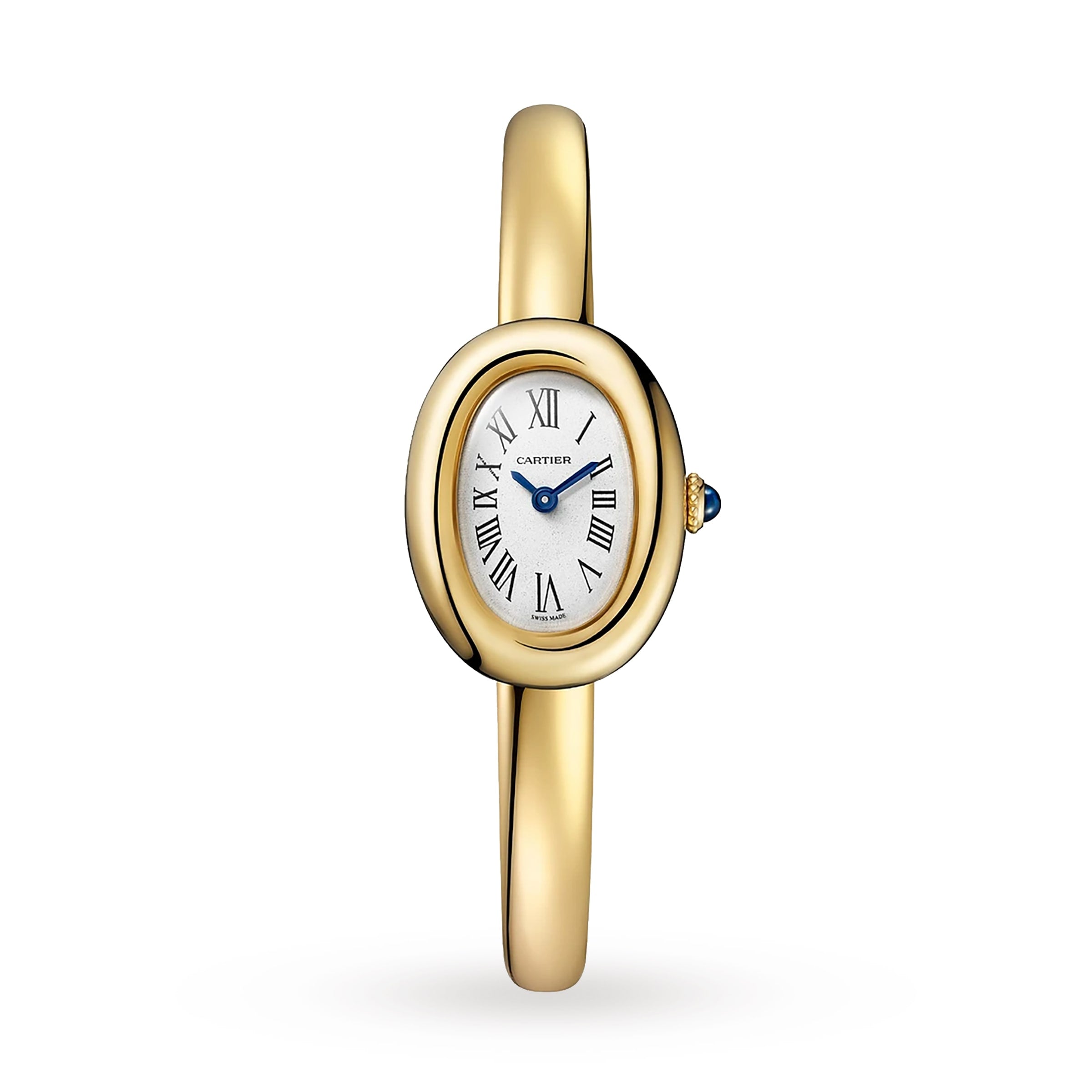 A Cartier Baignoire (Size 15) yellow gold oval watch with a white dial, black Roman numerals, blue hands, quartz movement, and a blue gemstone crown is shown on a white background.