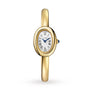 A Cartier Baignoire (Size 15) yellow gold oval watch with a white dial, black Roman numerals, blue hands, quartz movement, and a blue gemstone crown is shown on a white background.