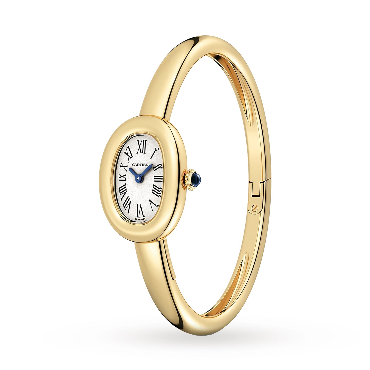 The Cartier Baignoire (Size 15) is an oval yellow gold bangle watch featuring a white dial with Roman numerals, blue hands, quartz movement, and a blue gemstone on the crown.