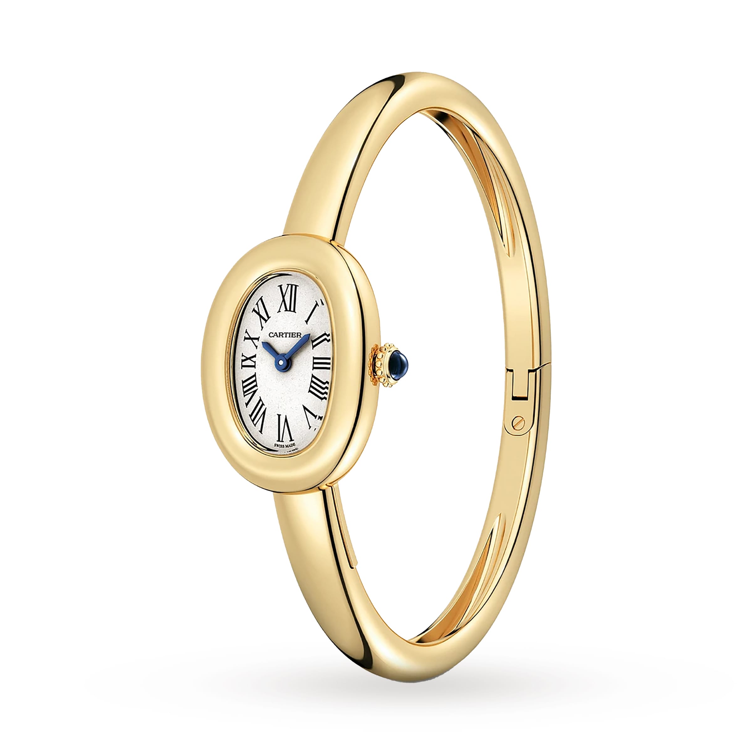The Cartier Baignoire (Size 15) is an oval yellow gold bangle watch featuring a white dial with Roman numerals, blue hands, quartz movement, and a blue gemstone on the crown.