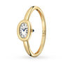 The Cartier Baignoire (Size 15) is an oval yellow gold bangle watch featuring a white dial with Roman numerals, blue hands, quartz movement, and a blue gemstone on the crown.