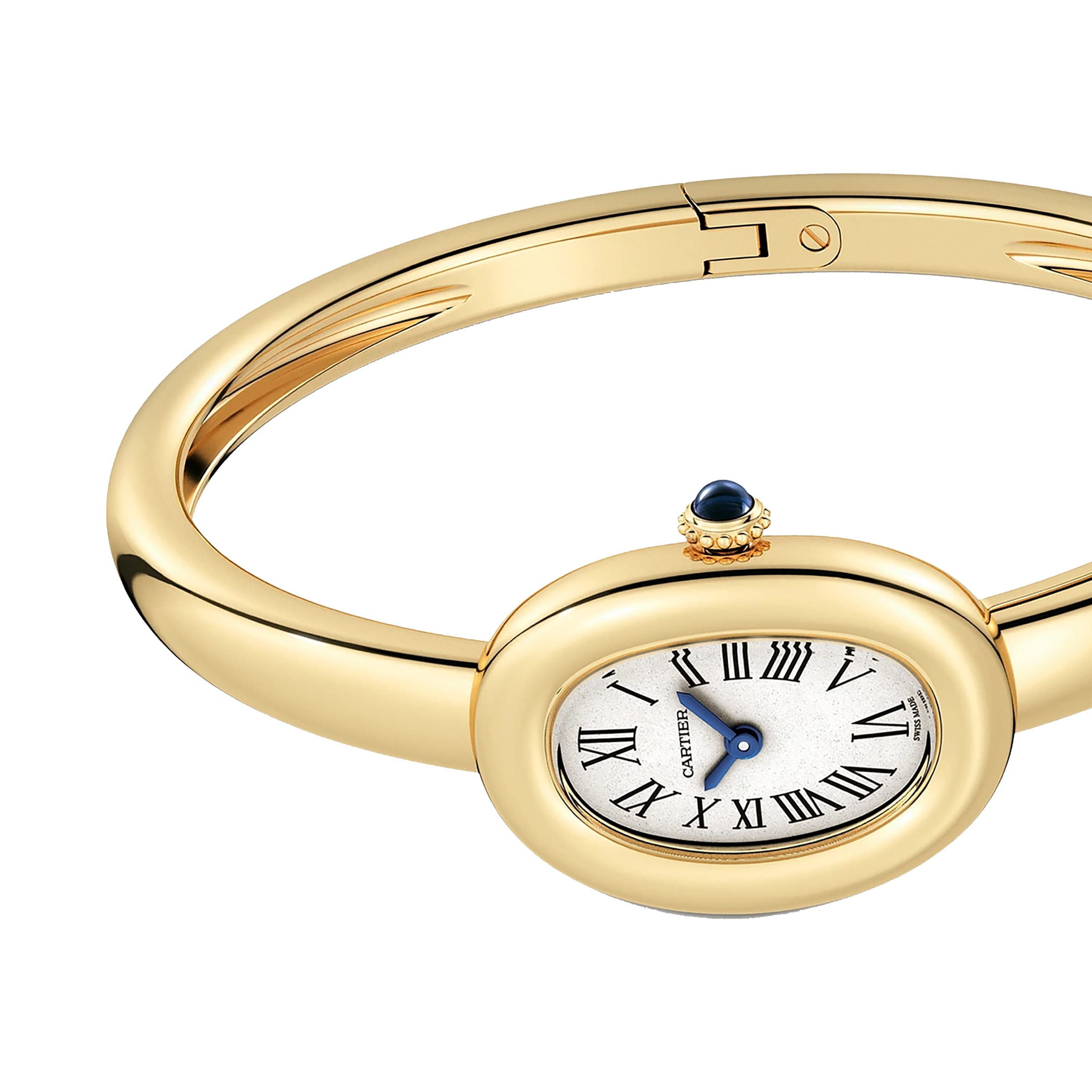 The Cartier Baignoire (Size 15) is a yellow gold watch bangle with an oval face, Roman numerals, a blue gemstone crown, and precise quartz movement, displayed against a white background.