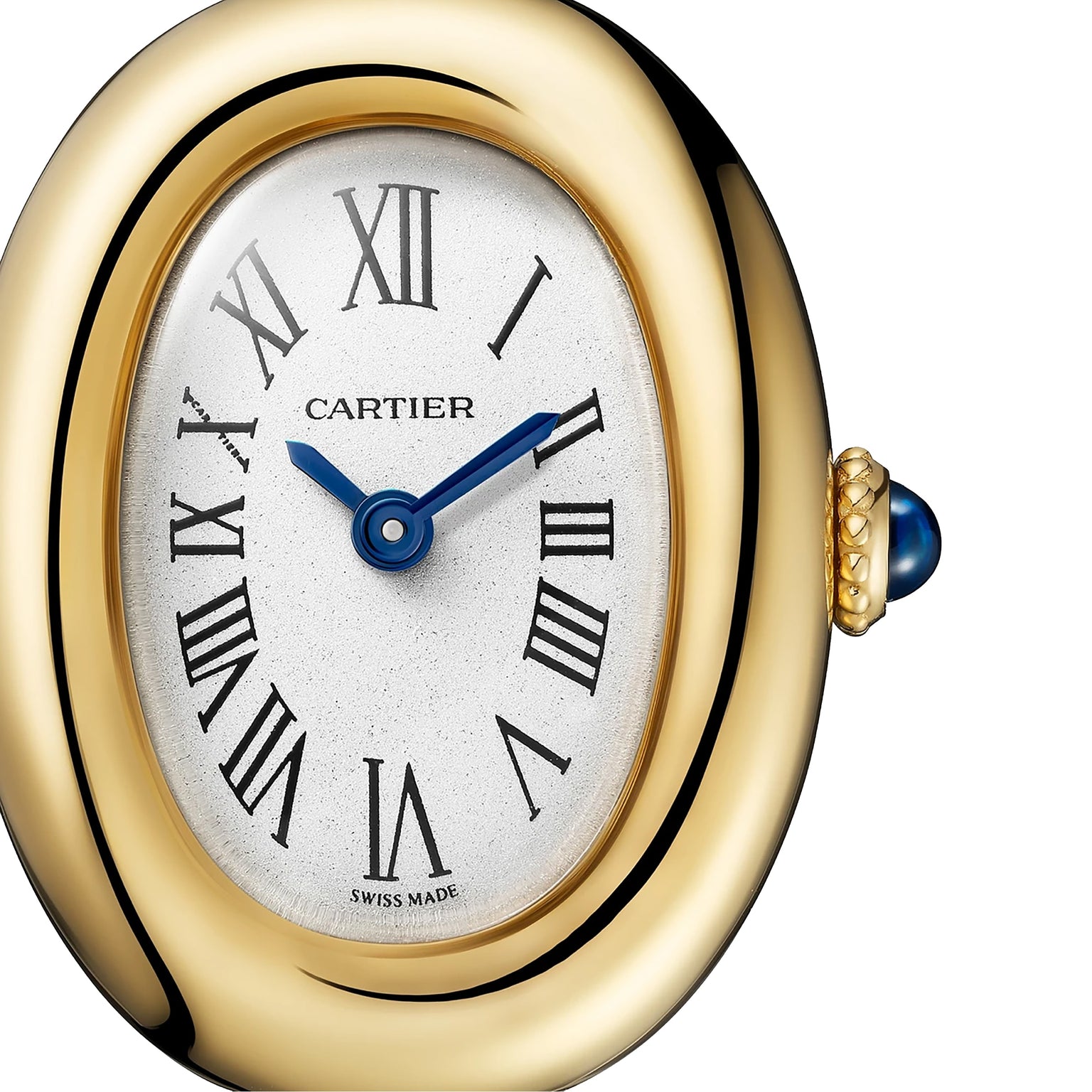 Close-up of the Cartier Baignoire (Size 15) in yellow gold, highlighting its white oval face with black Roman numerals, blue hands, a blue cabochon crown, and precise quartz movement.