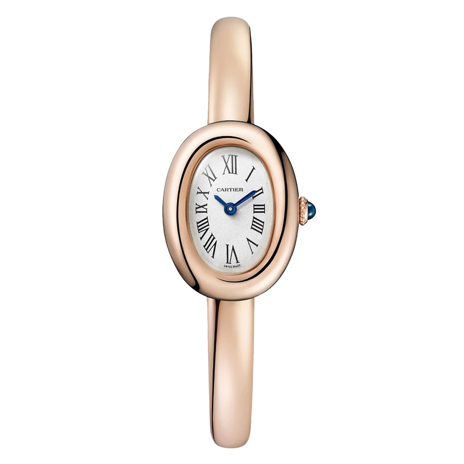 Cartier Baignoire (Size 15) gold women’s wristwatch featuring an oval white face, black Roman numerals, blue hands, smooth gold band, and sapphire cabochon crown set against a white background.
