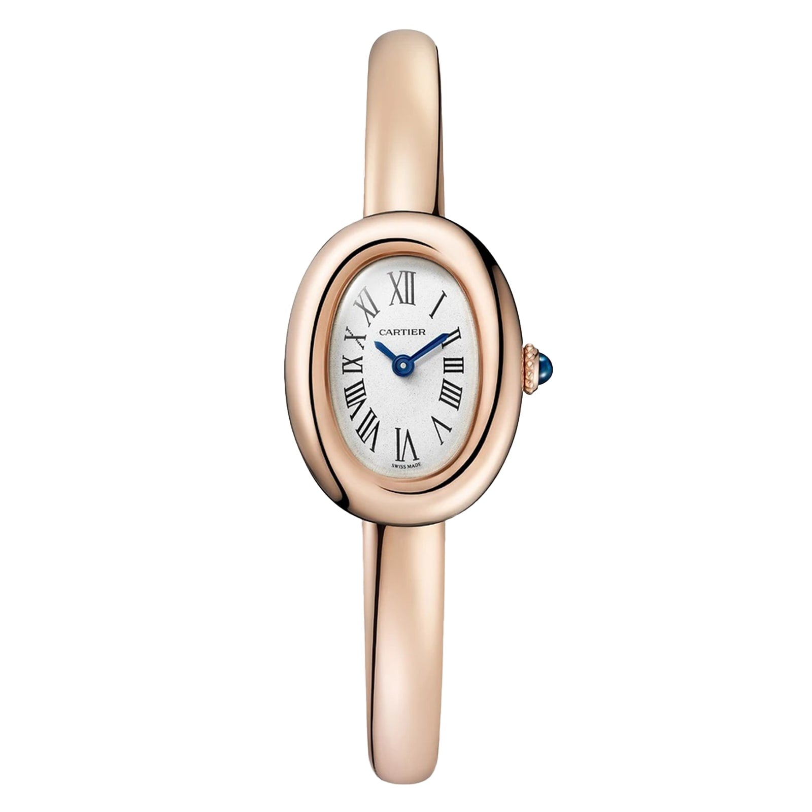 Cartier Baignoire (Size 15) gold women’s wristwatch featuring an oval white face, black Roman numerals, blue hands, smooth gold band, and sapphire cabochon crown set against a white background.